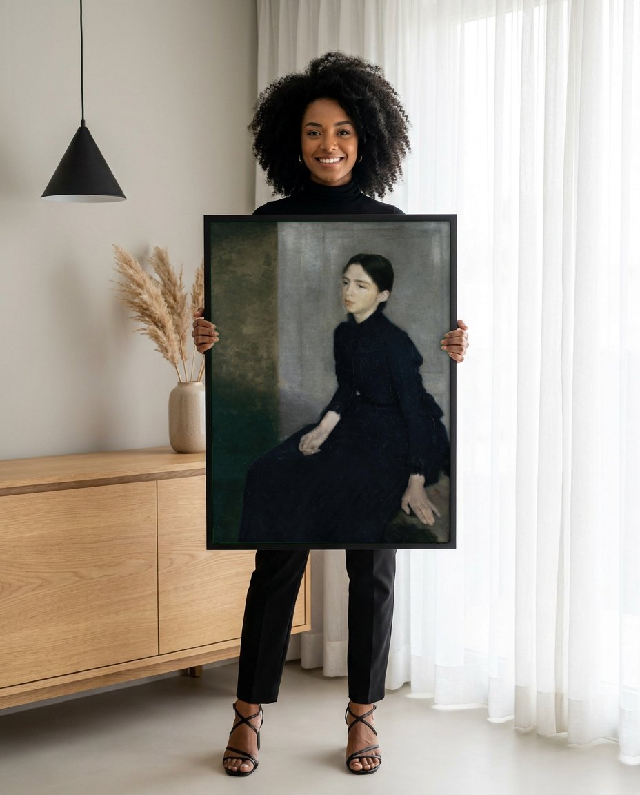 Quadro Decorativo 'Jovem Mulher Sentada' - Vilhelm Hammershøi com modelo em ambiente