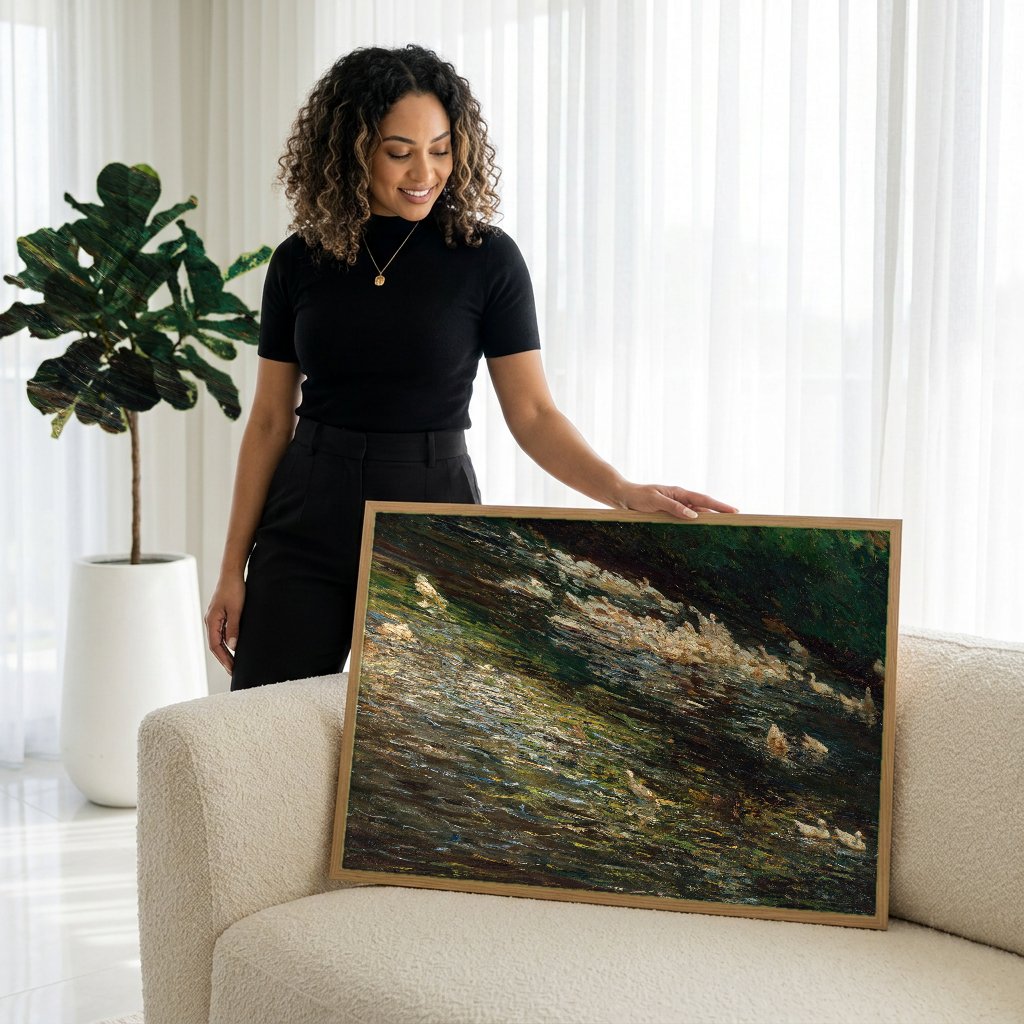 Quadro Decorativo Patos no Riacho - Olga Wisinger-Florian com modelo em ambiente