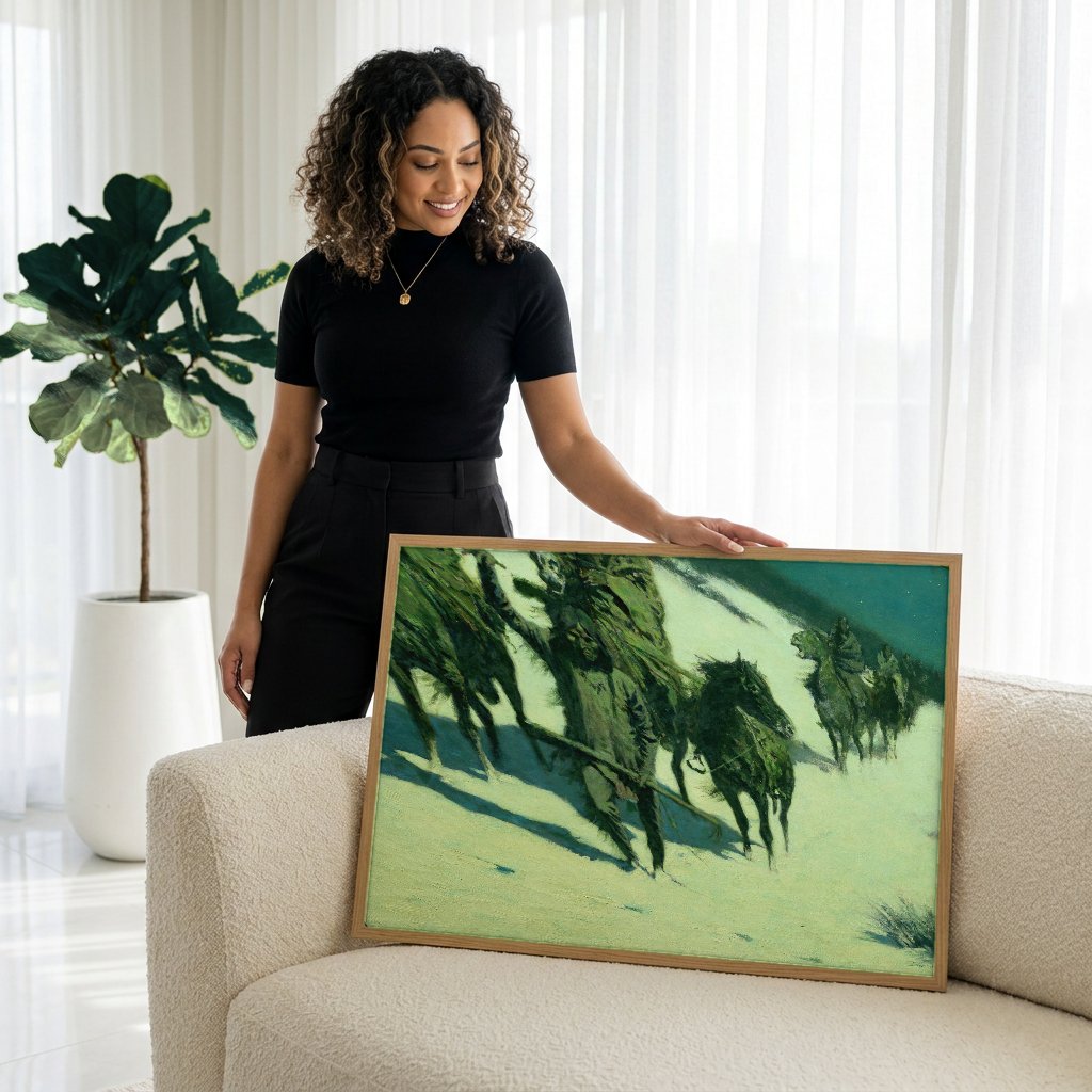 Quadro Decorativo 'Mounted Indians on a Winter Trail' - Frederic Remington com modelo em ambiente