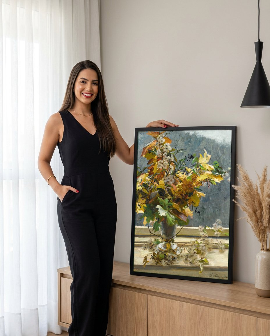 Quadro Decorativo Cesto de Outono - Olga Wisinger-Florian com modelo em ambiente