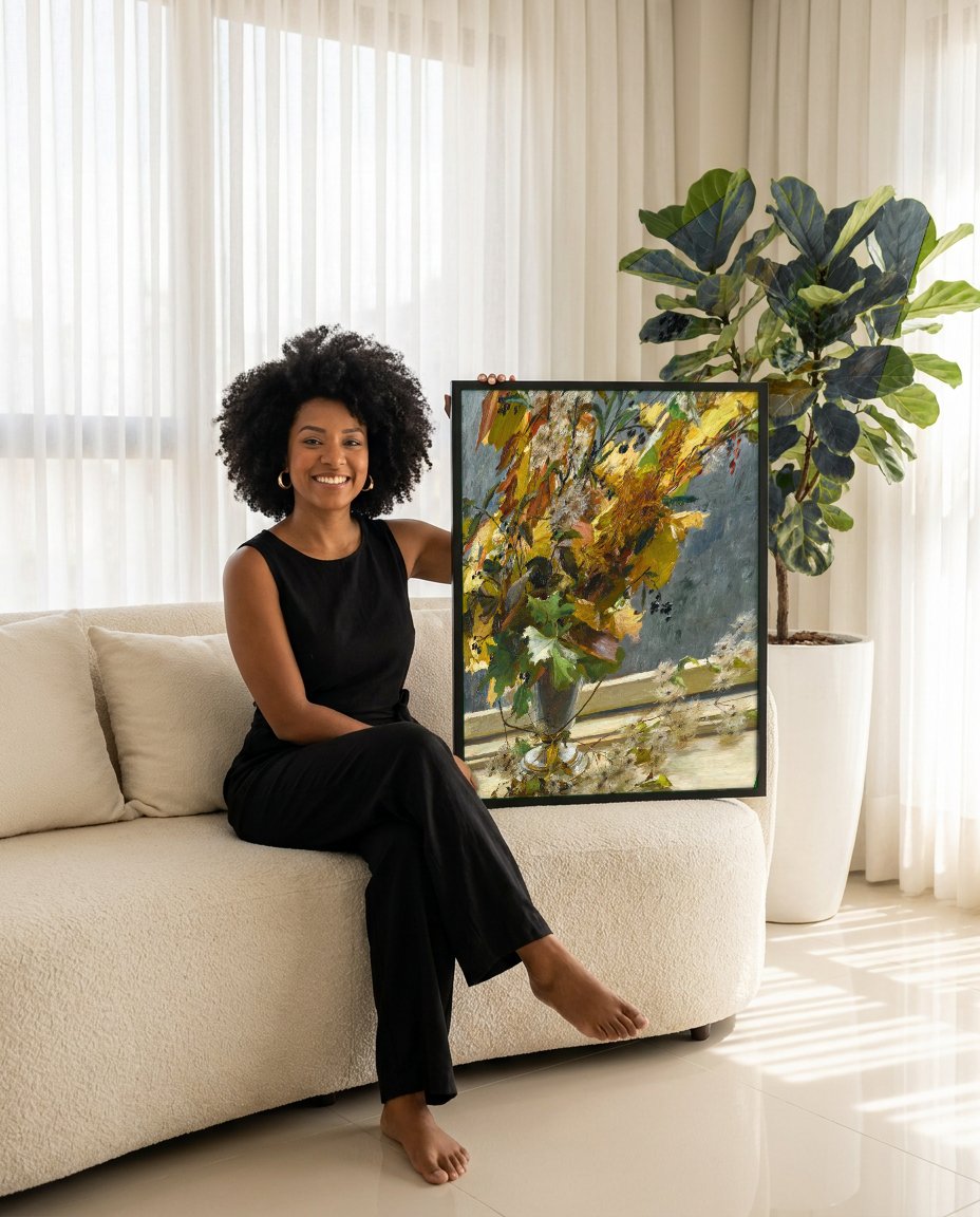 Quadro Decorativo Cesto de Outono - Olga Wisinger-Florian com modelo em ambiente