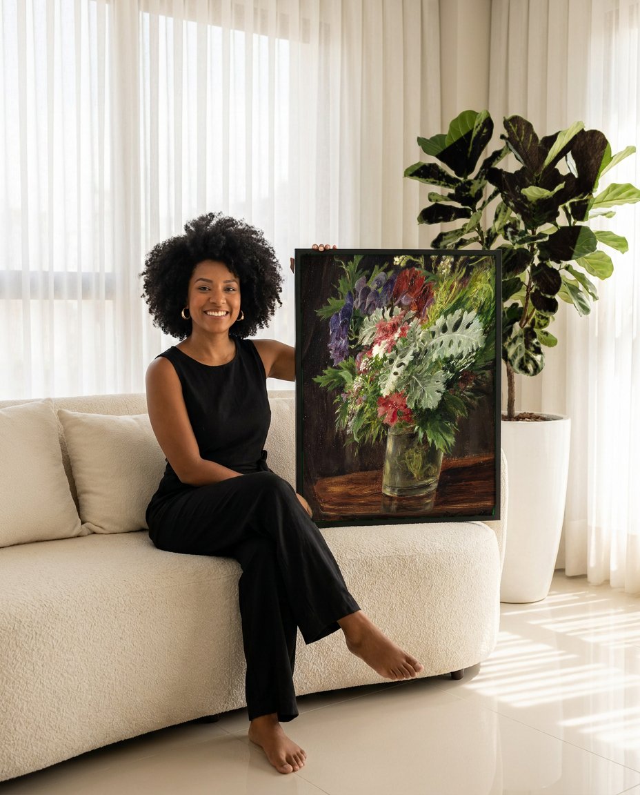 Quadro Decorativo Buquê de Flores - Olga Wisinger-Florian com modelo em ambiente