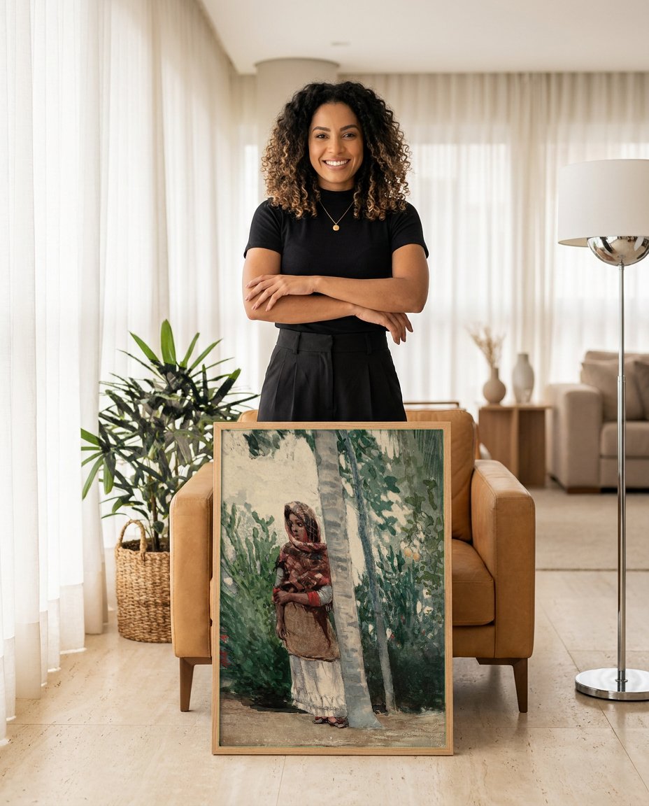 Quadro Decorativo 'A Sombra da Palmeira' - Winslow Homer com modelo em ambiente