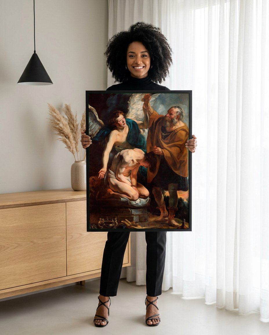 Quadro Decorativo O Sacrifício de Isaac - Jacob Jordaens com modelo em ambiente