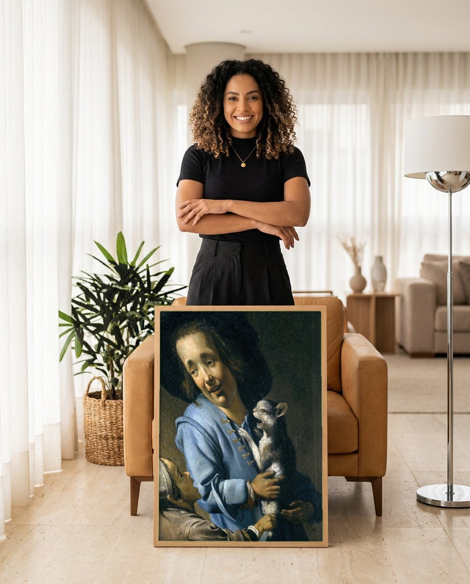 Quadro Decorativo A Oferta do Cabrito - Abraham Bloemaert com modelo em ambiente