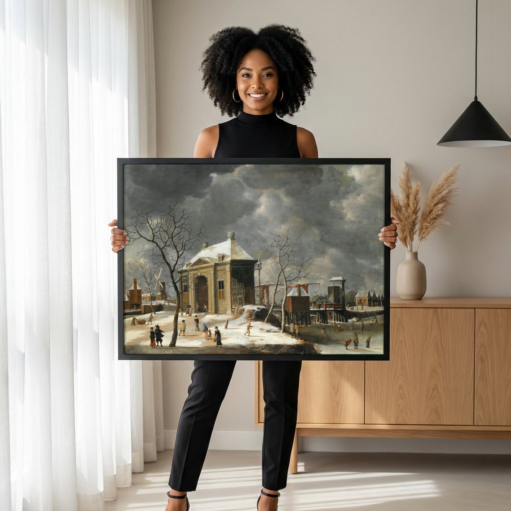 Quadro Decorativo Cena de Inverno - Jan Abrahamsz Beerstraaten com modelo em ambiente