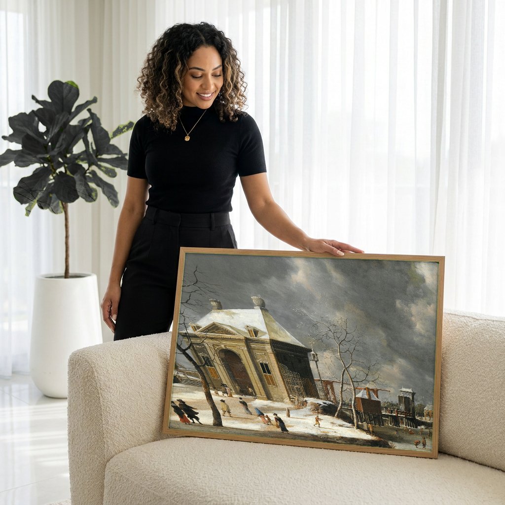 Quadro Decorativo Cena de Inverno - Jan Abrahamsz Beerstraaten com modelo em ambiente
