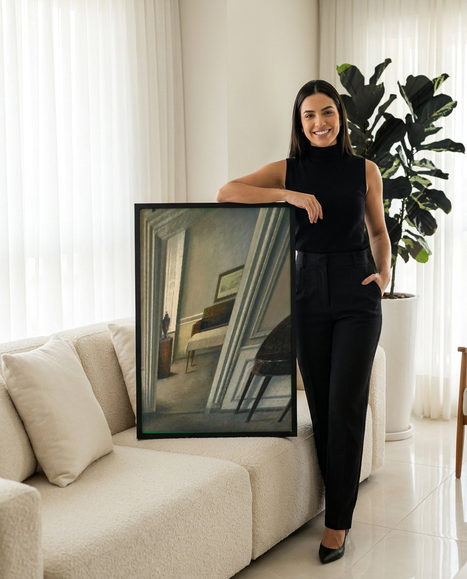 Quadro Decorativo Interior com Porta Aberta - Vilhelm Hammershøi com modelo em ambiente