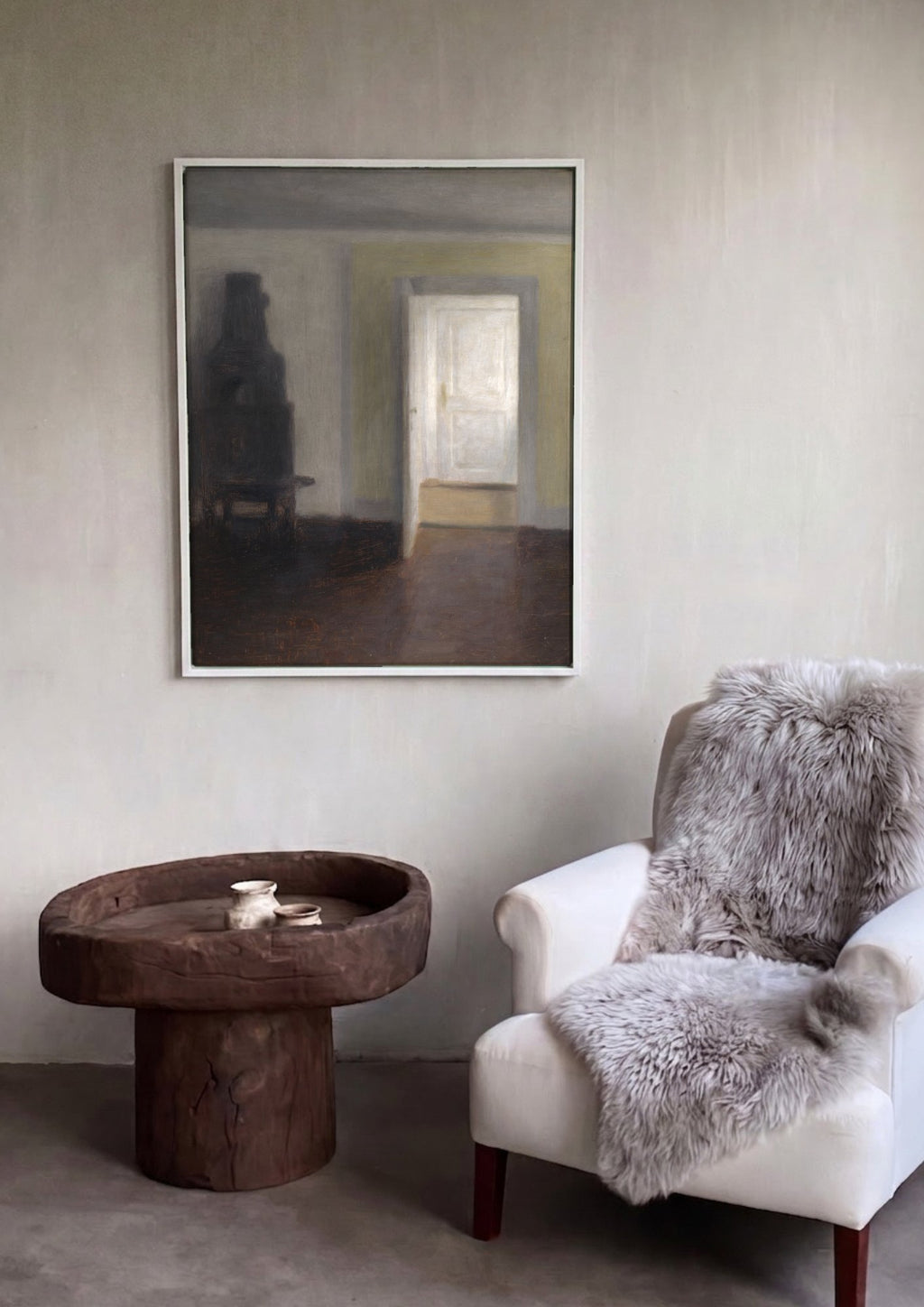 Quadro Decorativo Interior com Porta Aberta - Vilhelm Hammershøi em ambiente decorado