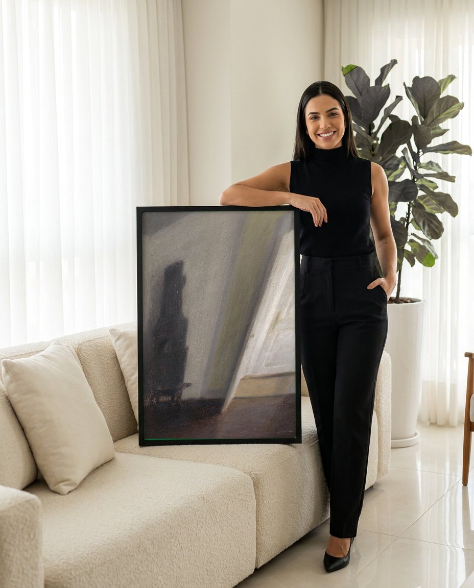 Quadro Decorativo Interior com Porta Aberta - Vilhelm Hammershøi com modelo em ambiente
