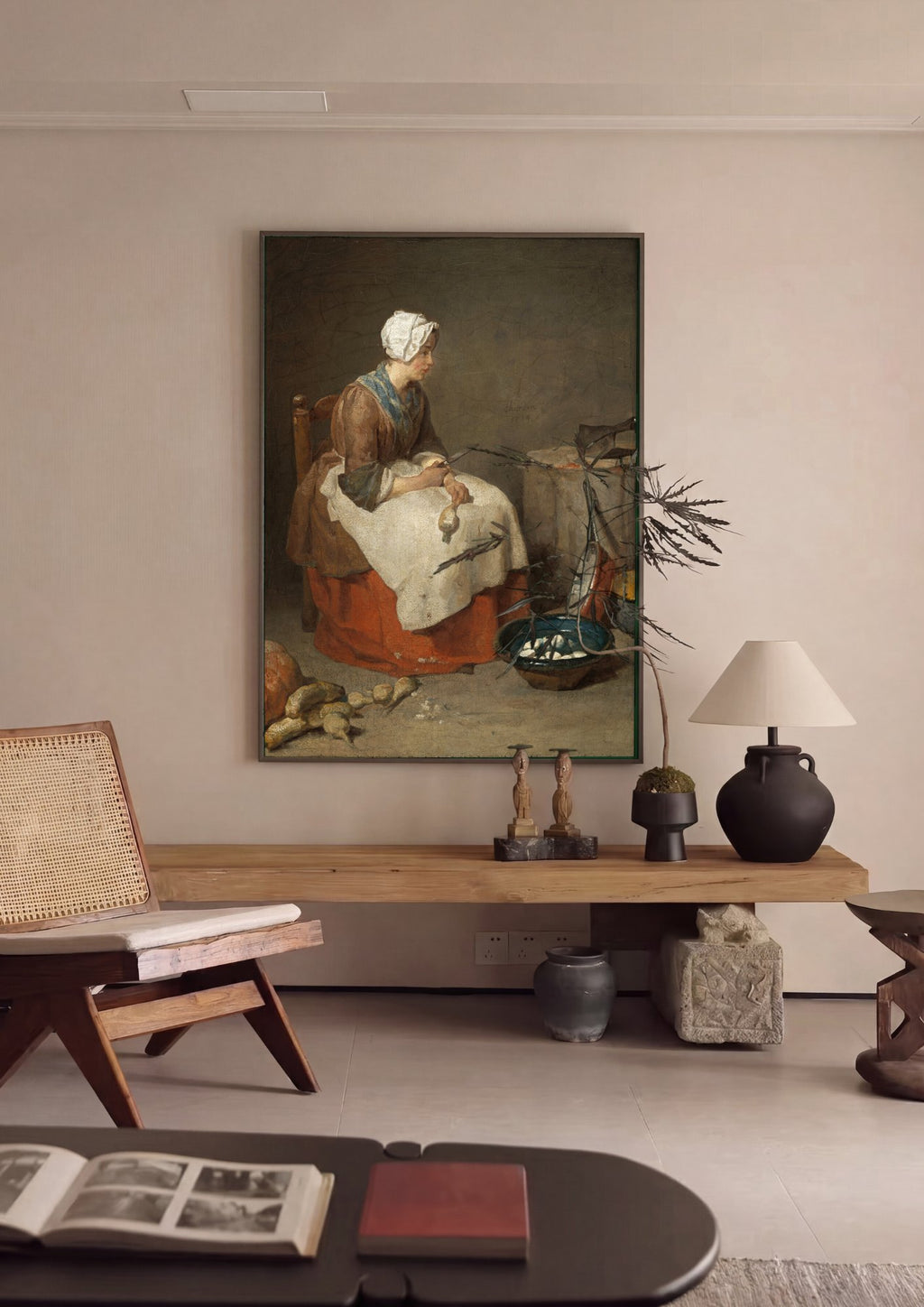 Quadro Decorativo A Descascadora de Nabo - Jean Siméon Chardin em ambiente decorado