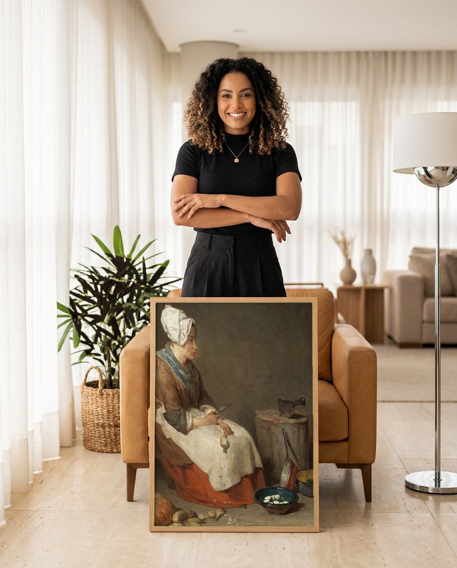 Quadro Decorativo A Descascadora de Nabo - Jean Siméon Chardin com modelo em ambiente