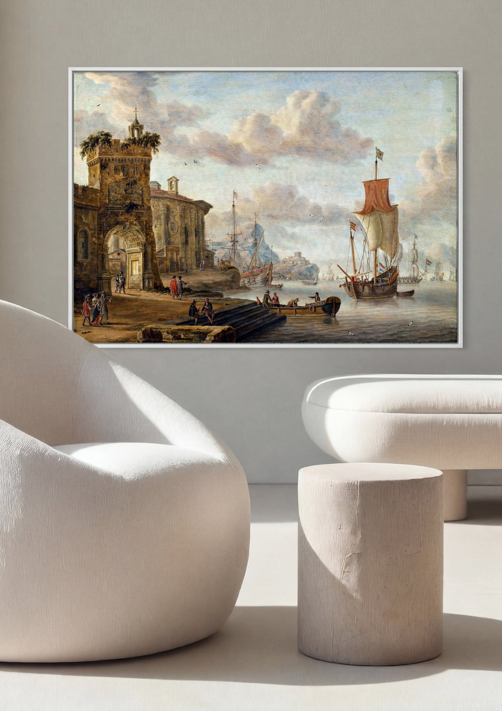 Quadro Decorativo Porto Mediterrâneo - Abraham Storck em ambiente decorado