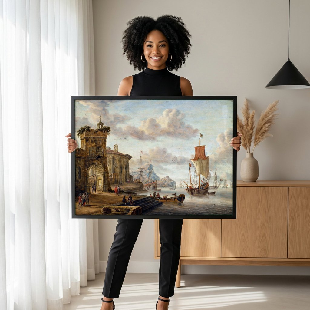 Quadro Decorativo Porto Mediterrâneo - Abraham Storck com modelo em ambiente