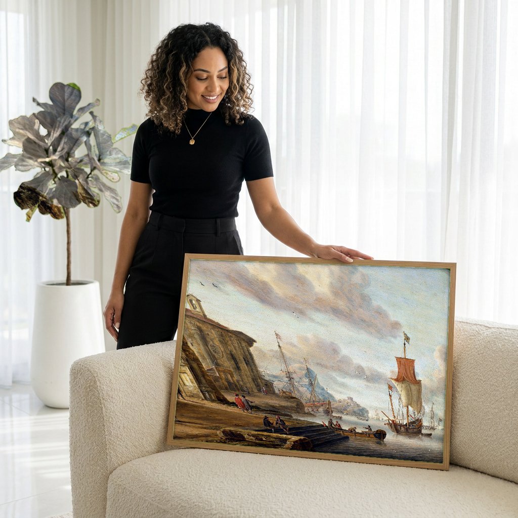 Quadro Decorativo Porto Mediterrâneo - Abraham Storck com modelo em ambiente