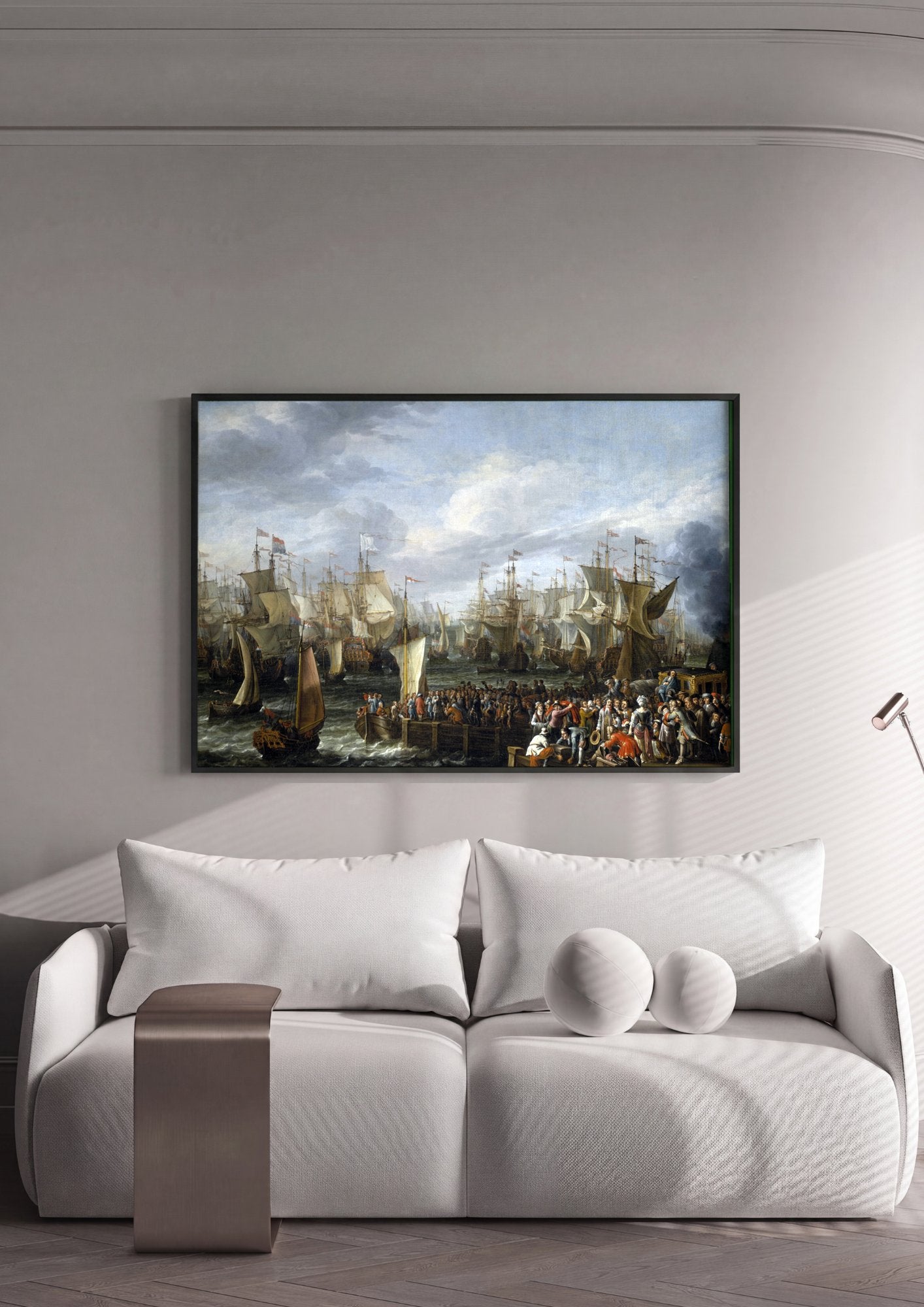 Quadro Decorativo A Partida da Frota – Abraham Storck em ambiente decorado