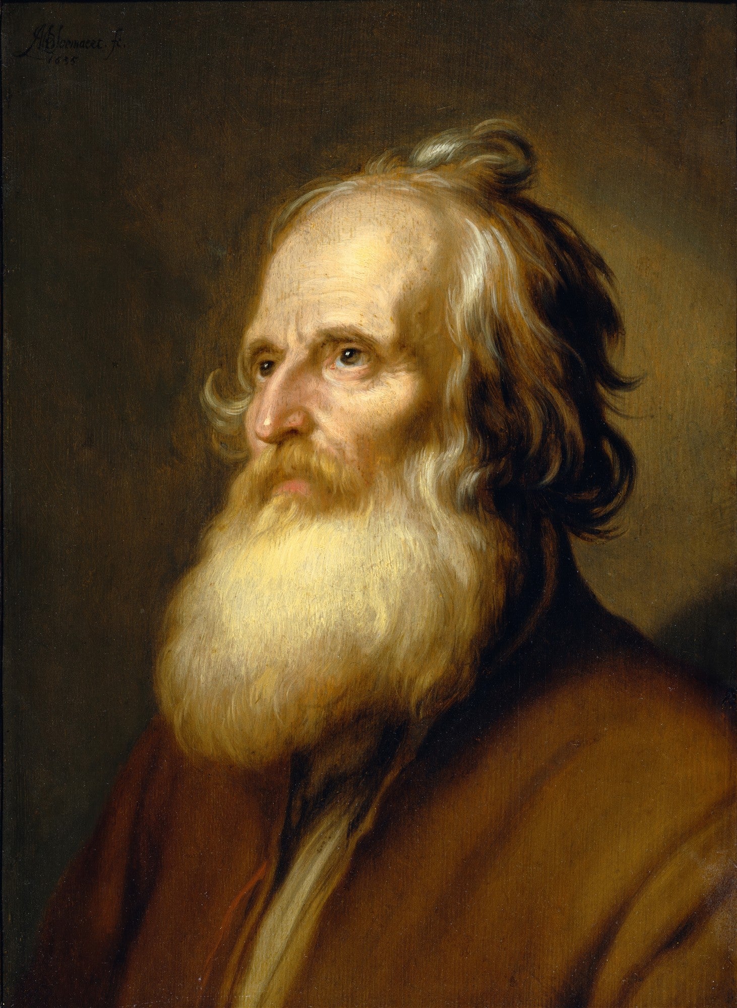 Retrato de um homem idoso com barba e cabelos longos e brancos, olhando para a esquerda, pintado por Abraham Bloemaert. A imagem tem um fundo escuro e o homem veste roupas em tons terrosos. A luz incide sobre o rosto e a barba.