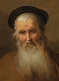 Retrato de um homem idoso com barba longa e branca, usando um chapéu escuro, pintado com tons terrosos por Abraham Bloemaert.