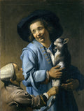 Pintura a óleo de Abraham Bloemaert, 'A Oferta do Cabrito', mostrando um homem sorrindo segurando um cabrito, e uma criança olhando para cima, em estilo barroco.