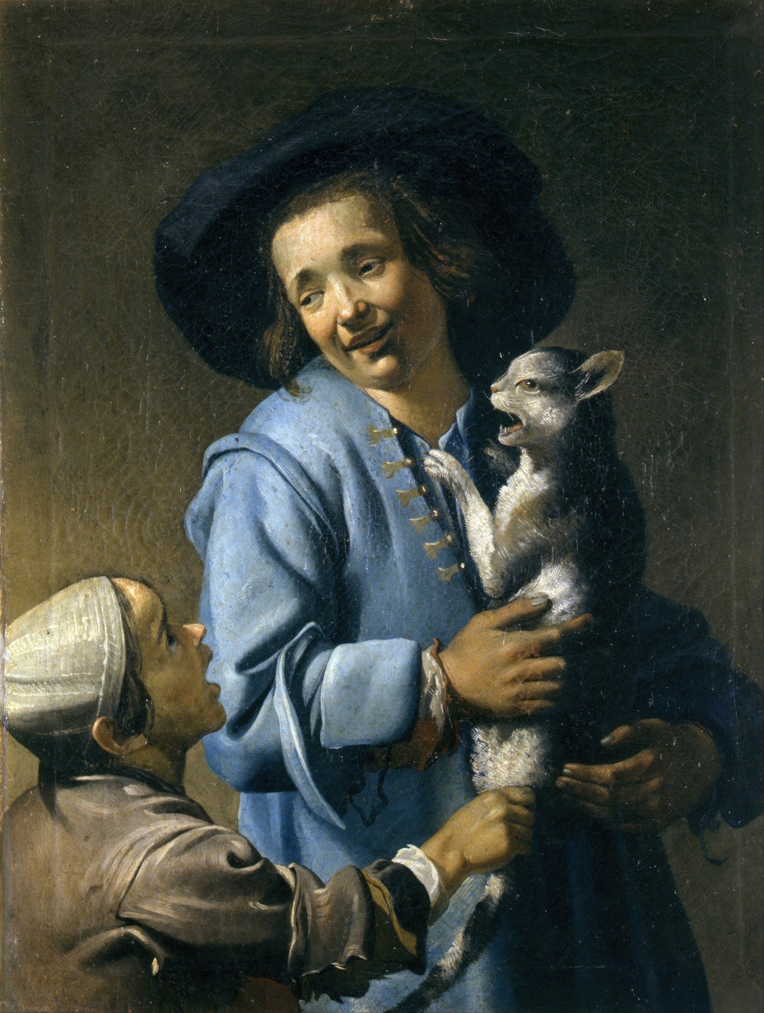 Pintura a óleo de Abraham Bloemaert, 'A Oferta do Cabrito', mostrando um homem sorrindo segurando um cabrito, e uma criança olhando para cima, em estilo barroco.