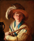 Retrato de um jovem com chapéu emplumado e flauta, obra de Abraham Bloemaert, em estilo barroco com iluminação dramática.