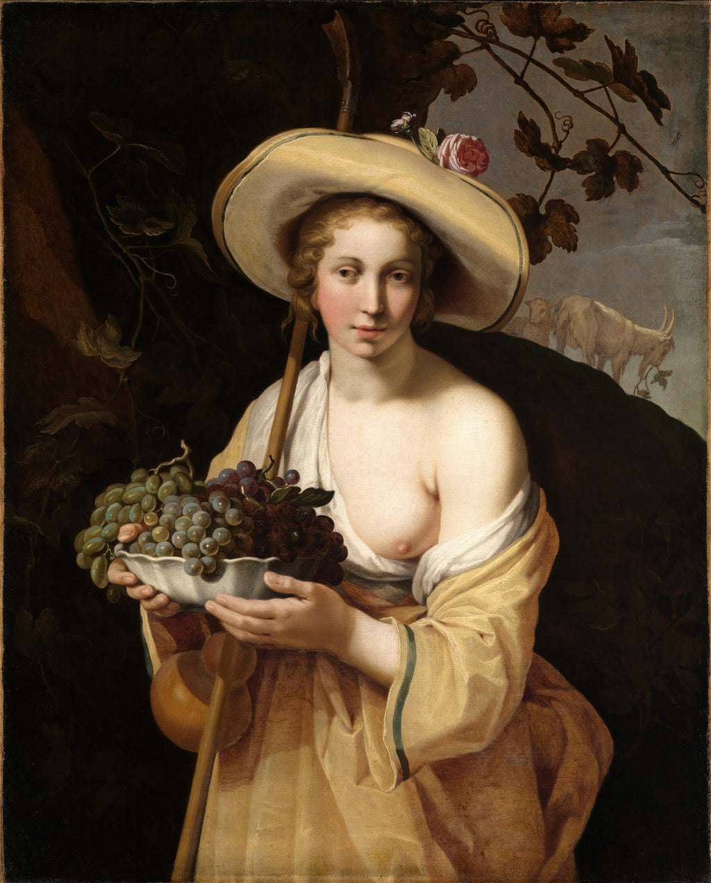 Quadro decorativo mostrando uma mulher jovem de chapéu de palha, segurando um cesto de uvas, com ovelhas ao fundo. Obra de Abraham Bloemaert.