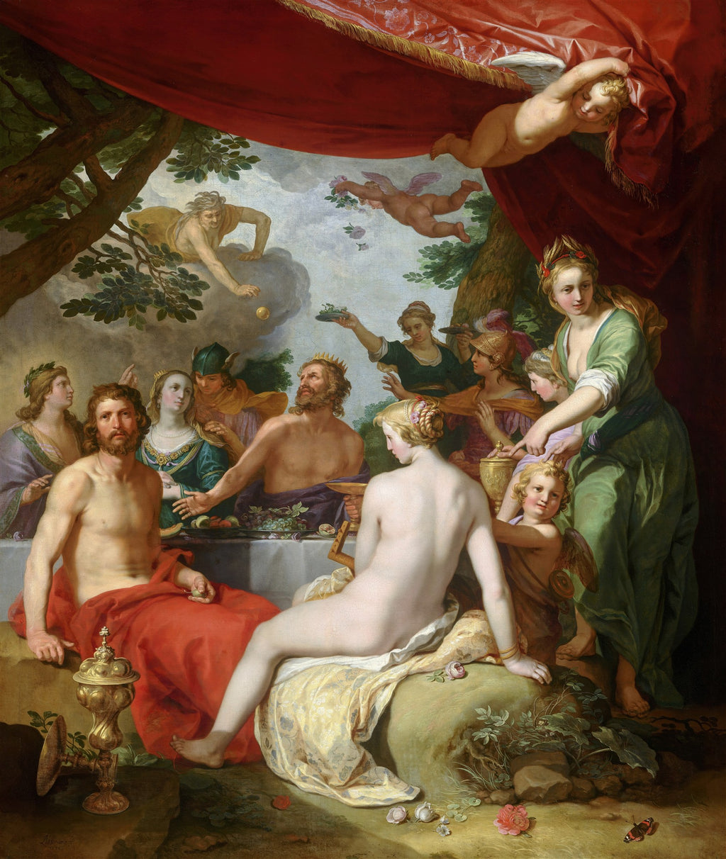 Uma pintura barroca vibrante de Abraham Bloemaert, 'Banquete dos Deuses', representando figuras mitológicas em um festim sob uma tenda vermelha, com deuses e cupidos