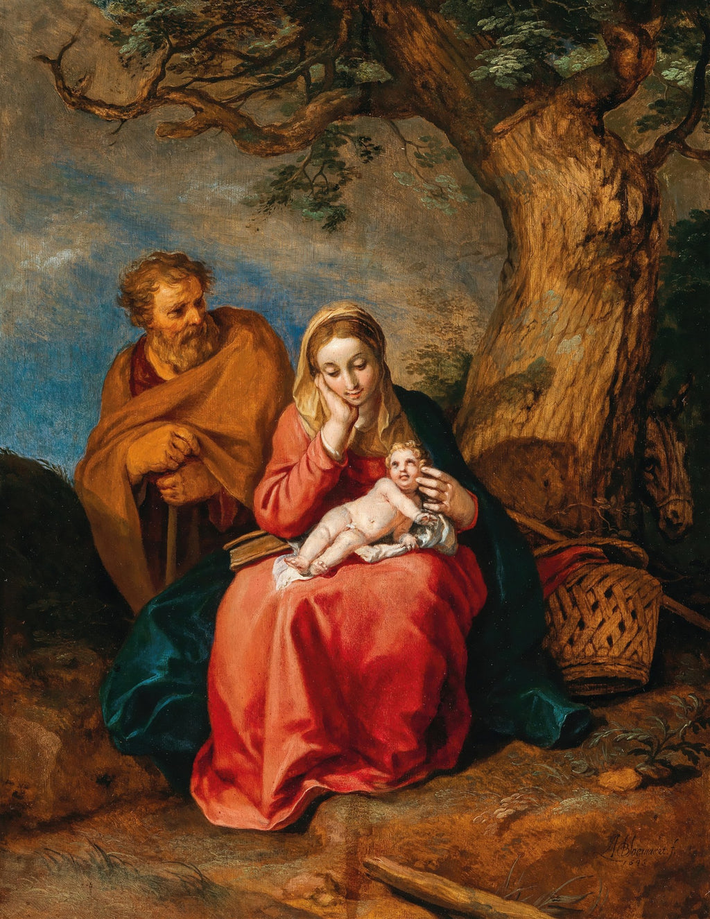 Pintura a óleo de Abraham Bloemaert, 'A Sagrada Família', mostrando Maria com o Menino Jesus no colo, sentados sob uma árvore frondosa, com São José ao lado, em tons terrosos e azuis, com um cesto de vime e um livro próximos, sob um céu nublado.