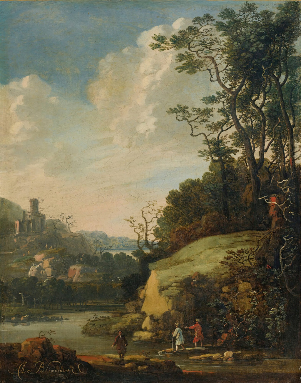 Quadro decorativo com paisagem holandesa de Abraham Bloemaert, mostrando colinas, árvores altas, um rio e três figuras de viajantes em primeiro plano, com um castelo ao fundo sob um céu nublado.
