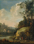 Quadro decorativo com paisagem holandesa de Abraham Bloemaert, mostrando colinas, árvores altas, um rio e três figuras de viajantes em primeiro plano, com um castelo ao fundo sob um céu nublado.