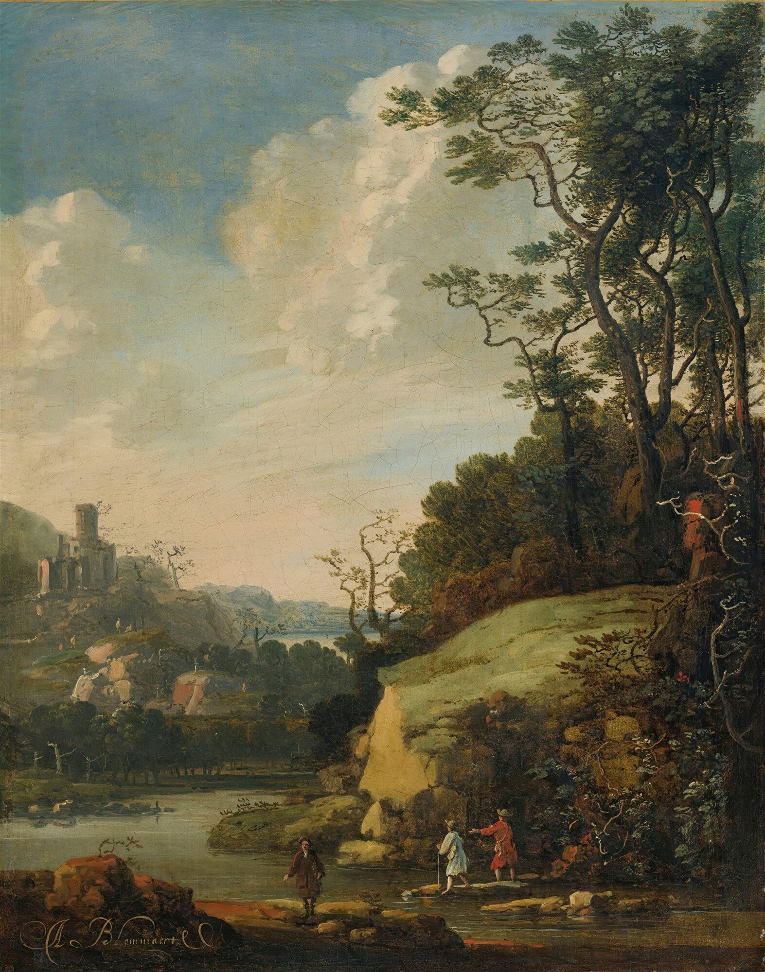 Quadro decorativo com paisagem holandesa de Abraham Bloemaert, mostrando colinas, árvores altas, um rio e três figuras de viajantes em primeiro plano, com um castelo ao fundo sob um céu nublado.