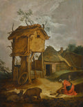 Pintura a óleo de Abraham Bloemaert mostrando uma cena rural com cabanas de telhado de palha, animais como cabras e figuras humanas em um dia nublado. A obra tem tons terrosos e uma atmosfera serena.