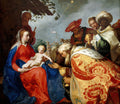 Quadro decorativo 'A Adoração dos Magos' de Abraham Bloemaert, mostrando a Virgem Maria com o Menino Jesus e os Três Reis Magos apresentando seus presentes, com uma estrela cadente ao fundo.