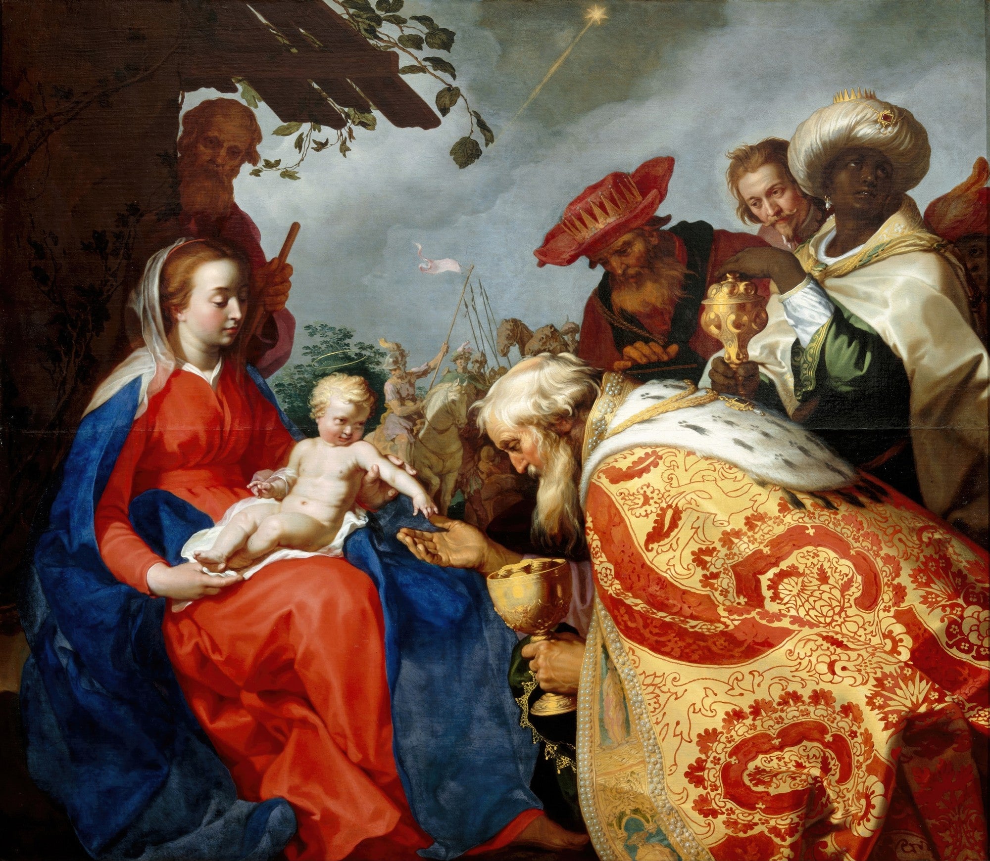Quadro decorativo 'A Adoração dos Magos' de Abraham Bloemaert, mostrando a Virgem Maria com o Menino Jesus e os Três Reis Magos apresentando seus presentes, com uma estrela cadente ao fundo.