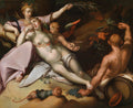 Pintura clássica de Abraham Bloemaert, 'A Oferta a Ceres e Baco', representando figuras mitológicas em um cenário opulento com elementos da colheita e do vinho.