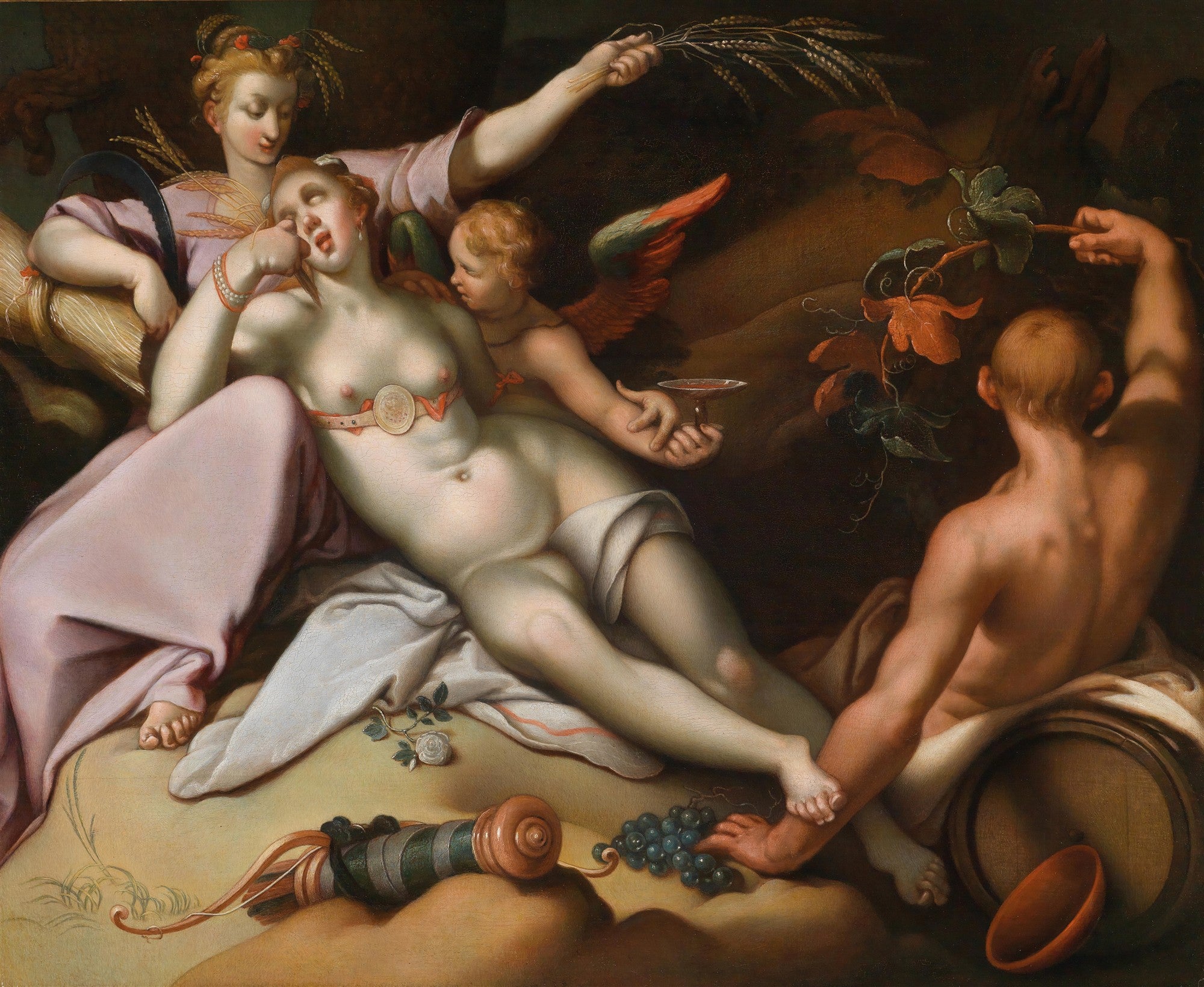 Pintura clássica de Abraham Bloemaert, 'A Oferta a Ceres e Baco', representando figuras mitológicas em um cenário opulento com elementos da colheita e do vinho.