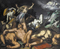 Pintura a óleo de Abraham Bloemaert, 'A Queda dos Titãs', representando figuras mitológicas em um combate dramático com corpos nus e musculosos, em tons escuros e iluminação contrastante.
