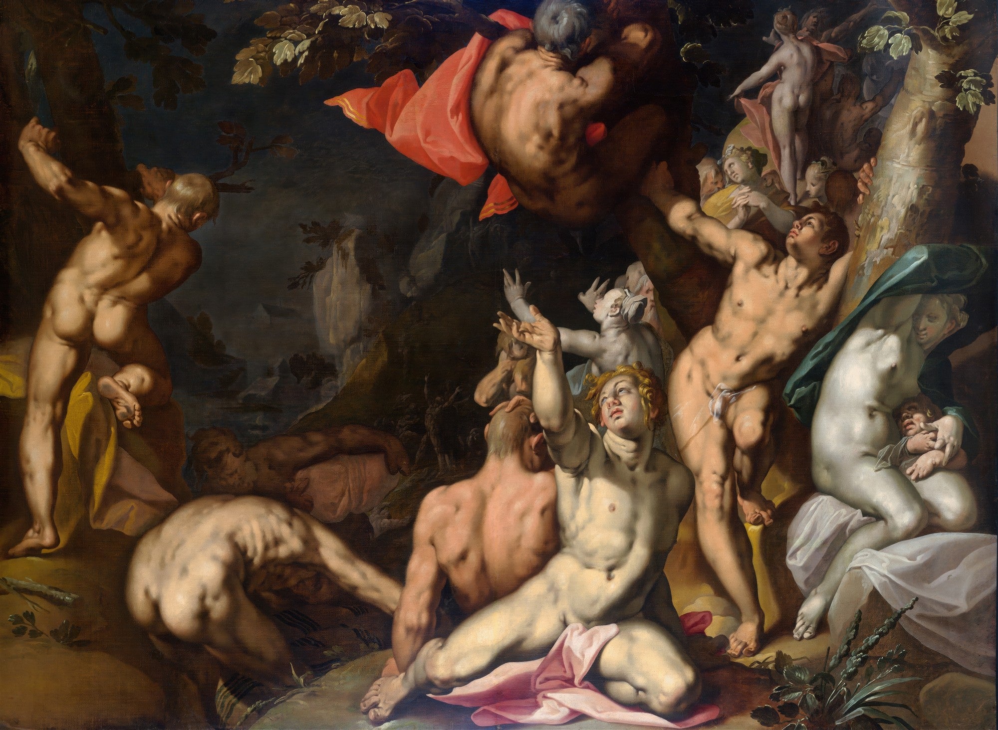 Pintura barroca "A Queda dos Titãs" de Abraham Bloemaert, com figuras masculinas nuas e seminuas em meio a uma batalha, algumas caindo do céu, outras em pose dramática no chão. Cores escuras e tons de pele realistas, com detalhes de vegetação e rochas. A cena é caótica e cheia de movimento.