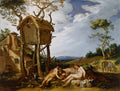 Pintura barroca holandesa 'A Idade do Ouro' de Abraham Bloemaert, mostrando figuras nuas em paisagem campestre com uma casa na árvore e animais. Tons terrosos e verdes com céu dramático.