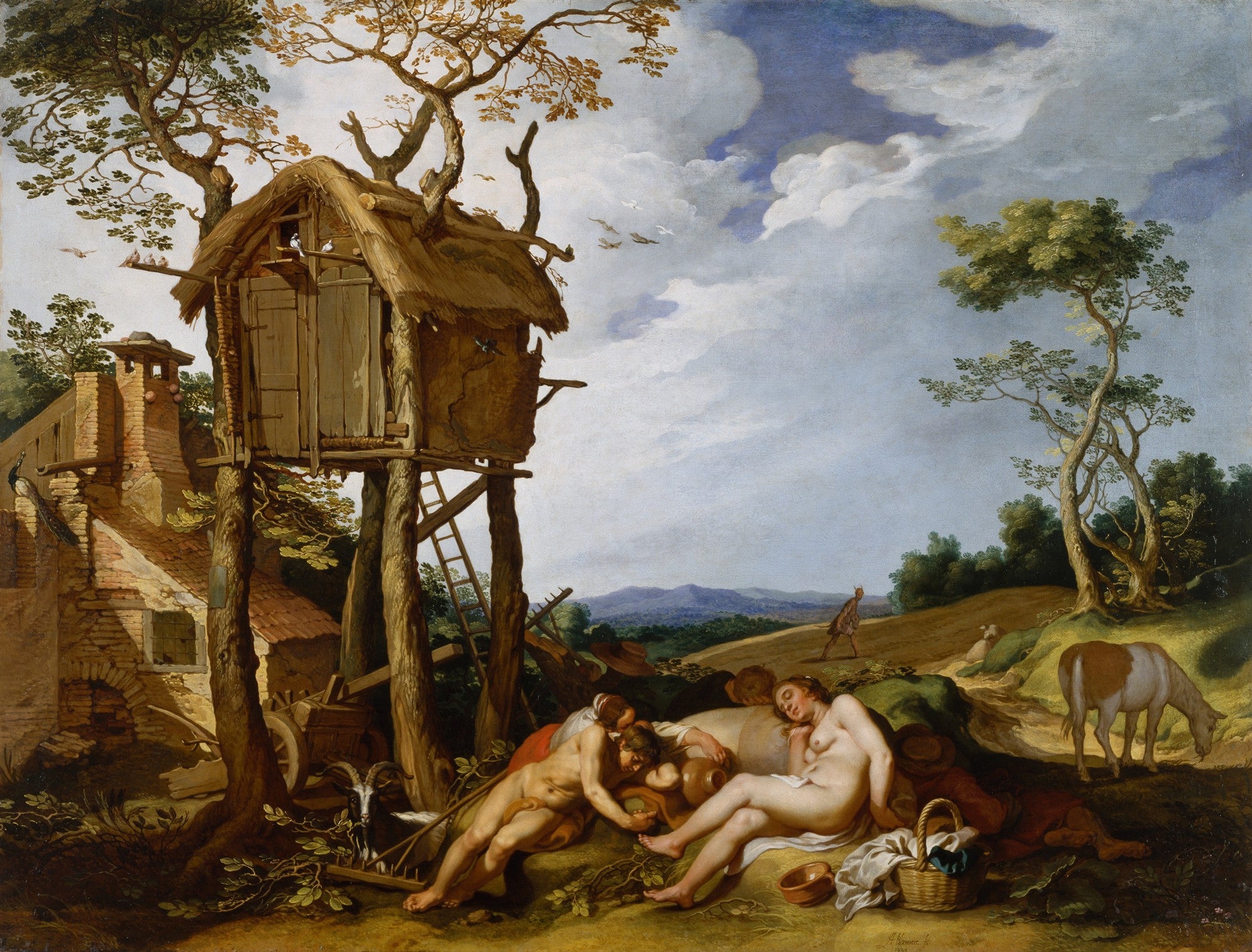 Pintura barroca holandesa 'A Idade do Ouro' de Abraham Bloemaert, mostrando figuras nuas em paisagem campestre com uma casa na árvore e animais. Tons terrosos e verdes com céu dramático.