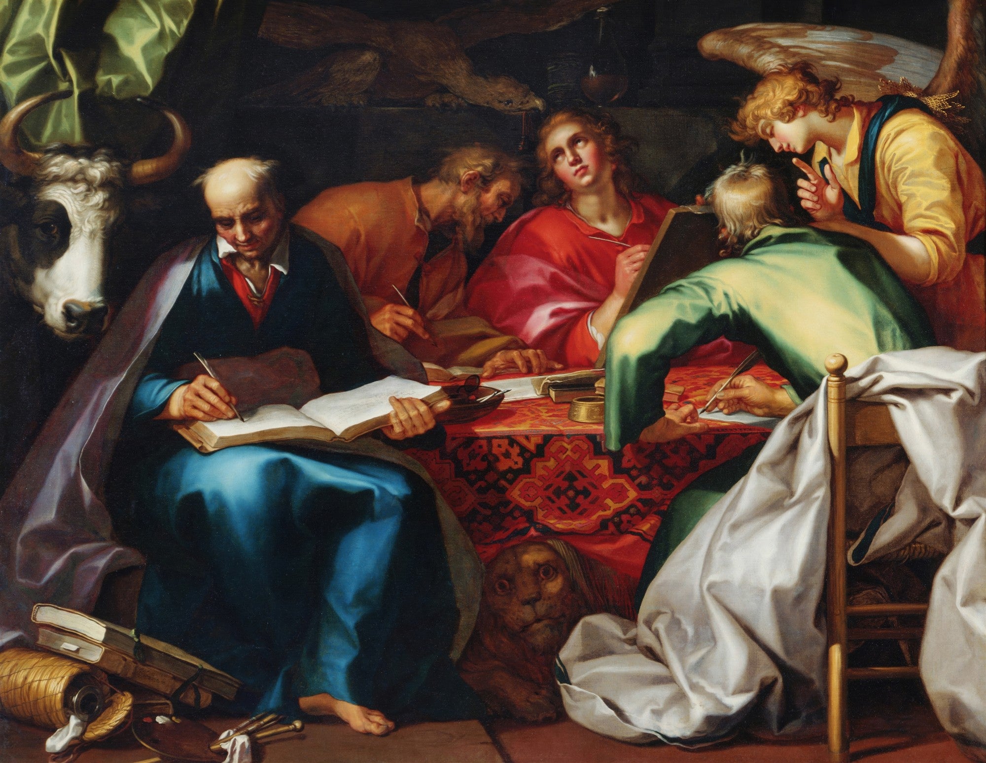 Quatro homens, representando os evangelistas, escrevendo em livros ou pergaminhos, com um anjo, um touro e um leão simbólicos na cena. Predominam tons escuros com roupas vibrantes.