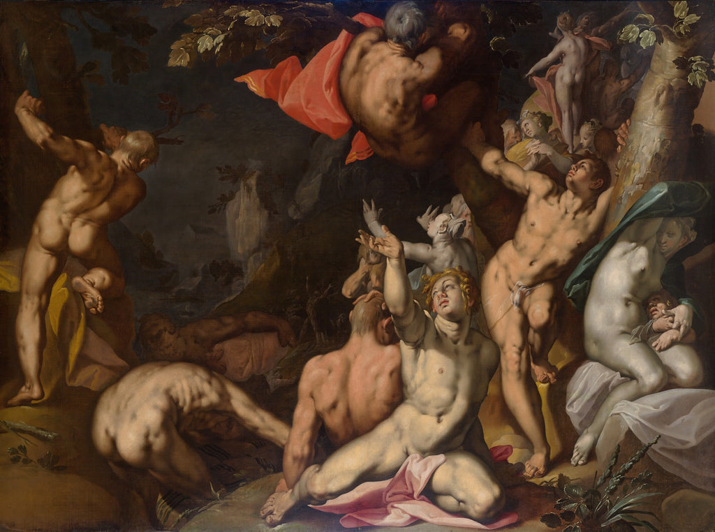 Pintura barroca de Abraham Bloemaert, 'A Queda dos Titãs', com figuras nuas e musculosas em combate e queda, em meio a paisagem escura e rochosa.
