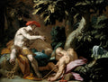 Pintura de Abraham Bloemaert, "Mercúrio e Argos", representando Mercúrio tocando flauta para Argos, que está adormecido, em uma paisagem florestal escura com uma vaca ao fundo. Mercúrio usa um chapéu vermelho e tem um caduceu ao seu lado. Ambos os homens são musculosos e nus.