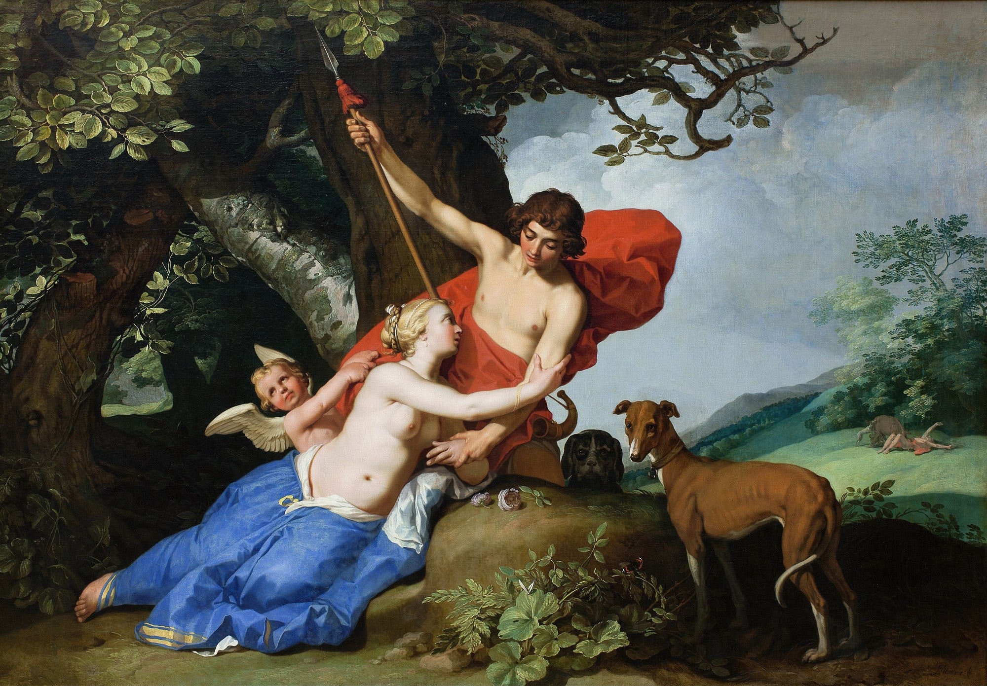 Pintura a óleo de Céfalo e Procris, figuras mitológicas em uma floresta com Cupido e cães de caça, de Abraham Bloemaert