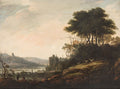 Paisagem clássica com ruínas e um rio ao fundo, sob um céu claro com nuvens. Há árvores frondosas à direita e figuras humanas pequenas em primeiro plano. Atribuído a Abraham Bloemaert.