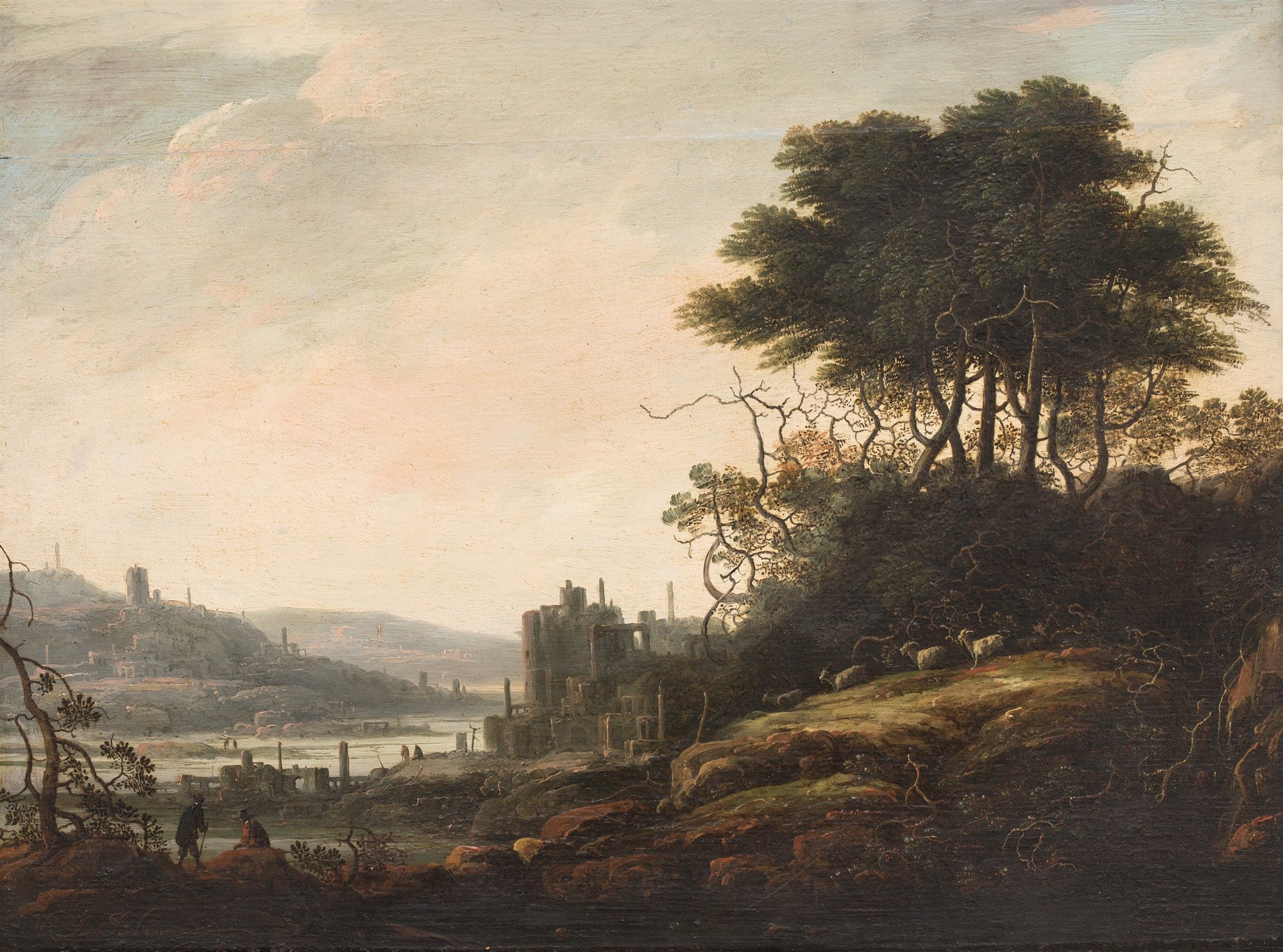 Paisagem clássica com ruínas e um rio ao fundo, sob um céu claro com nuvens. Há árvores frondosas à direita e figuras humanas pequenas em primeiro plano. Atribuído a Abraham Bloemaert.