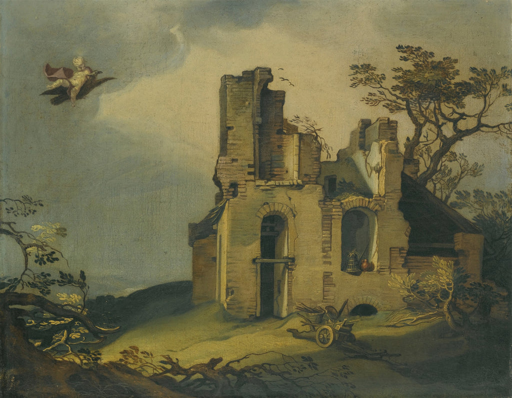 Pintura a óleo de Abraham Bloemaert intitulada 'Ruins with a Flying Angel', mostrando ruínas de uma edificação antiga com tijolos expostos e um anjo alado voando no céu nublado. A vegetação densa e escura no primeiro plano contrasta com a luz suave que ilumina as ruínas.