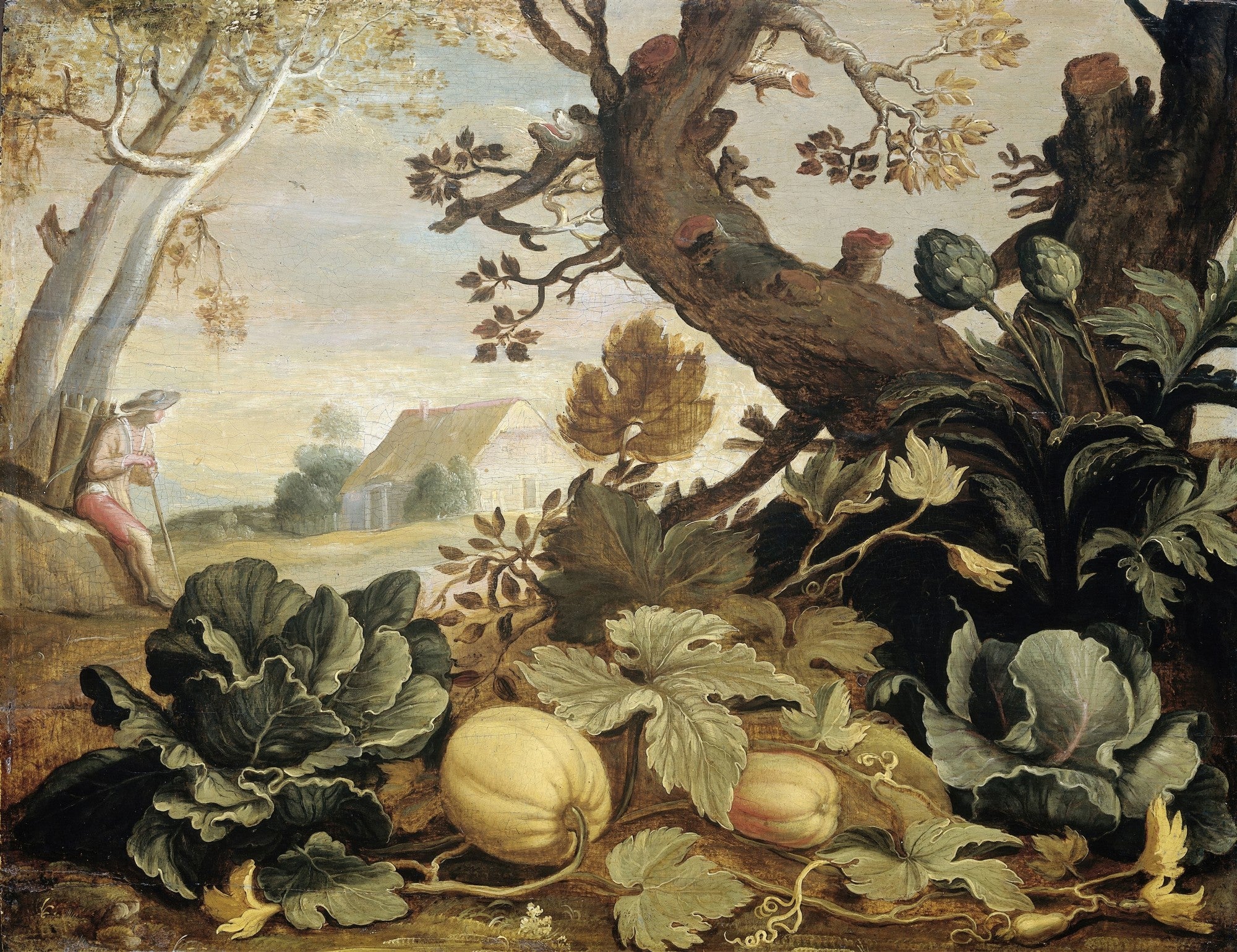 Pintura a óleo de Abraham Bloemaert retratando uma paisagem rural com um homem sentado, abóboras, repolhos e árvores robustas em primeiro plano, uma casa ao fundo e céu claro.
