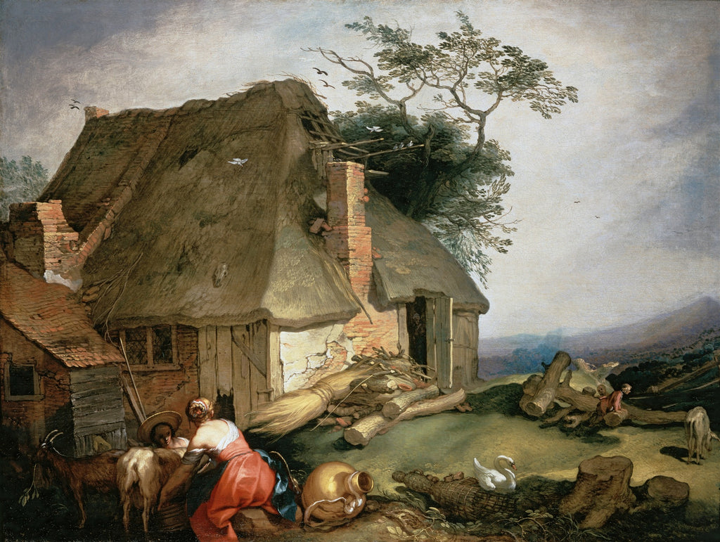 Pintura a óleo de Abraham Bloemaert retratando uma cena rural com uma cabana de telhado de palha, figuras trabalhando com animais e uma paisagem montanhosa ao fundo, com cores terrosas e celestes.
