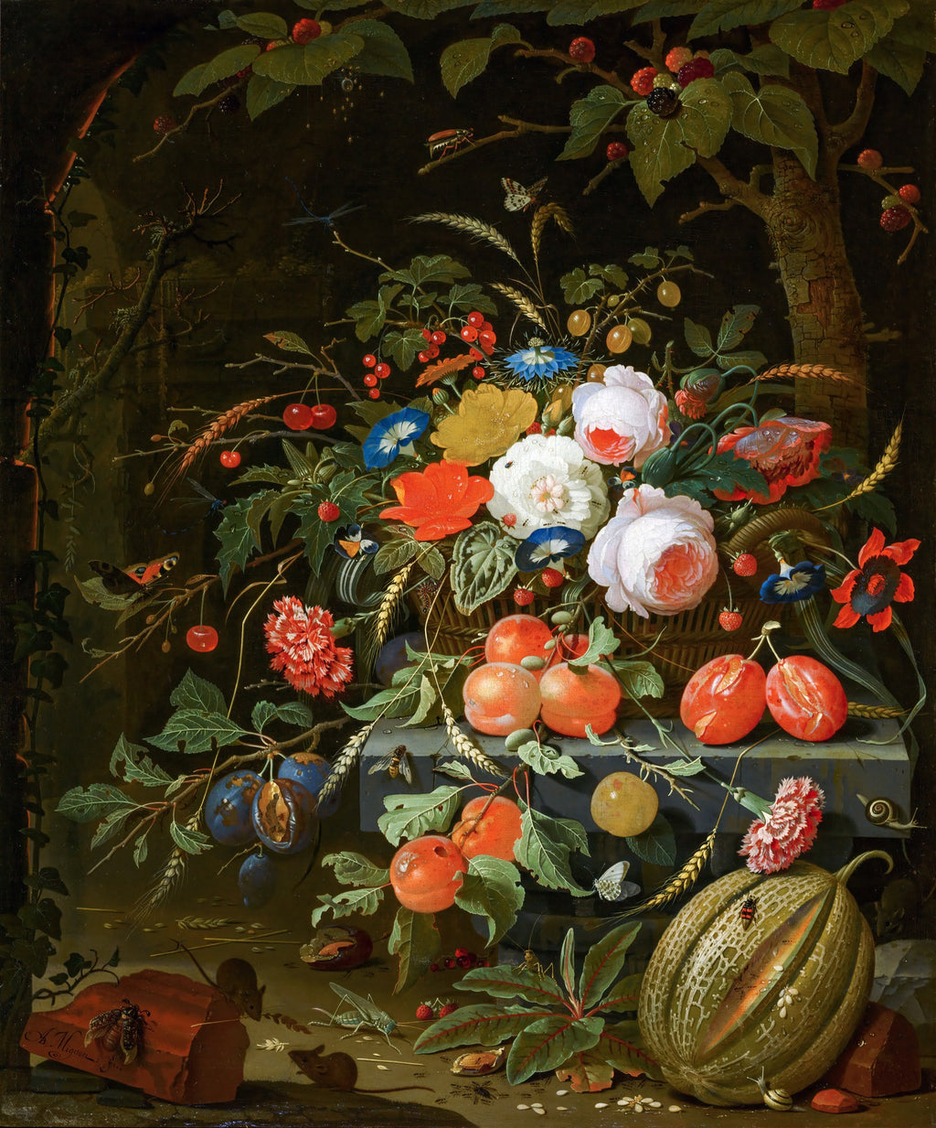 Quadro decorativo detalhado de natureza-morta barroca com cesto de flores exuberantes, frutas maduras e insetos, assinado por Abraham Mignon.